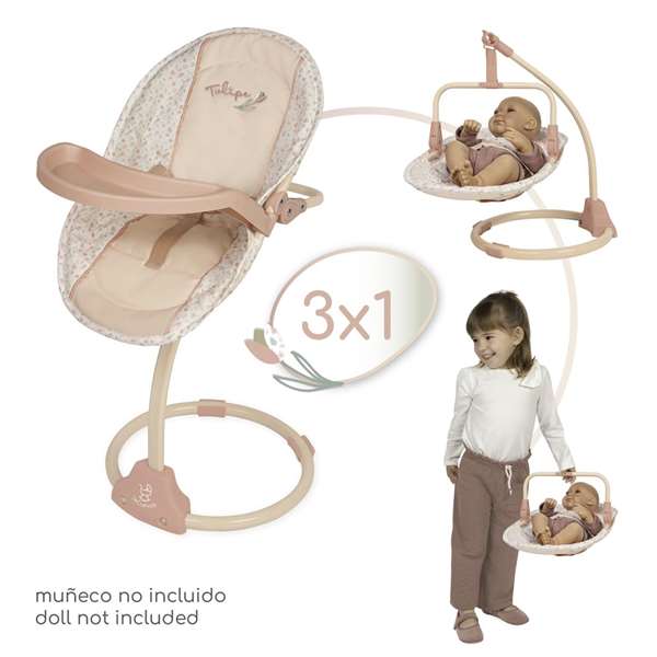Decuevas Chaise bébé balançoire Tulipe 3-en-1 pour poupées jusqu'à 50 cm - Dimensions 30x31x60 cm, en métal, plastique et polyester