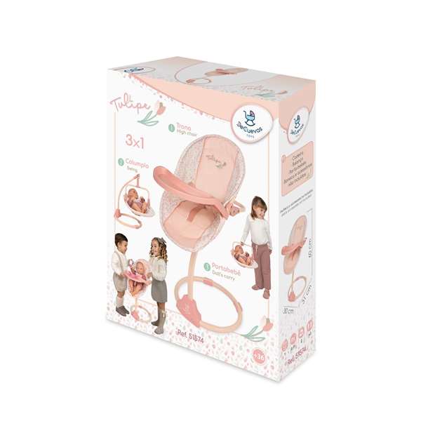 Decuevas Chaise bébé balançoire Tulipe 3-en-1 pour poupées jusqu'à 50 cm - Dimensions 30x31x60 cm, en métal, plastique et polyester