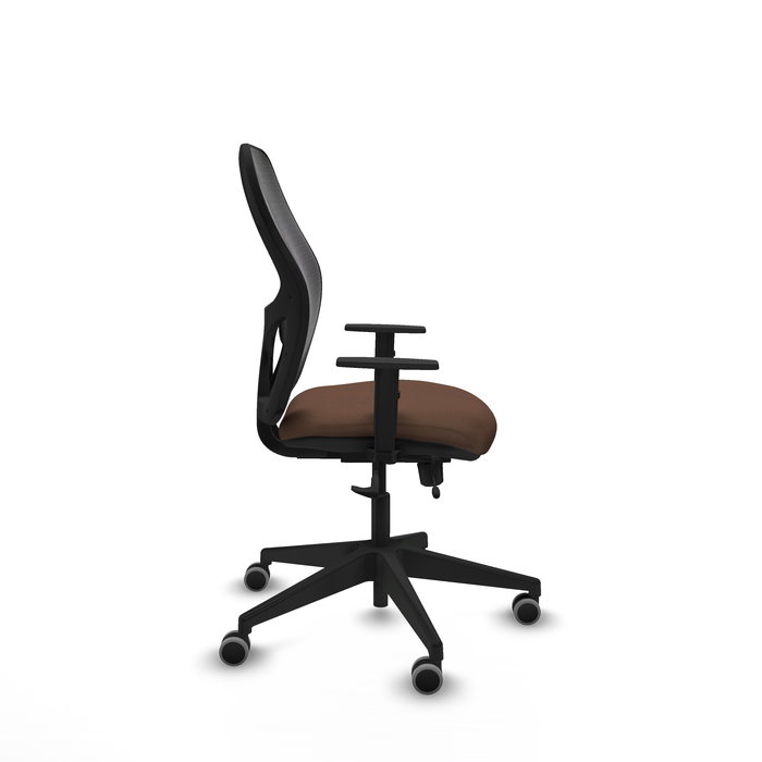 Chaise Alocén Synchrone/Traslack tissu Marron foncé Maille Noir Base pyramidale noire Accoudoir 1D Sans appui-tête Roulettes 65mm pour moquette