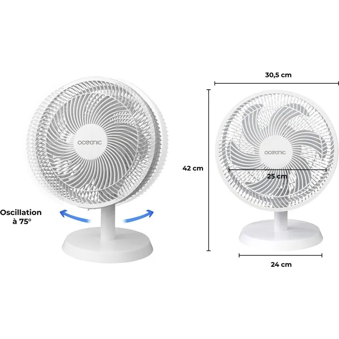 Oceanic Ventilateur de table 35W 30,5 cm 3 vitesses Oscillant Blanc