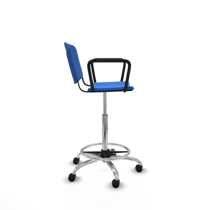 Tabouret Taburete Robledo Pivotant Chlorure de polyvinyle Bleu Structure chromée Accoudoirs fixes Sans appui-tête Roulettes autofreinées