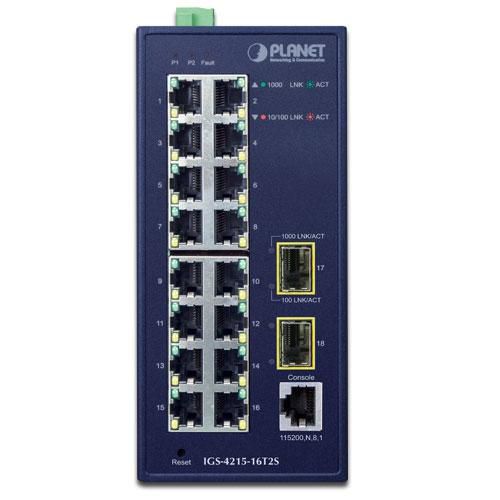 Planet IGS-4215-16T2S - Commutateur Gestionné Gigabit Industriel L2/L4, 16 Ports RJ-45 1G, 2 Slots SFP, 36 Gbps, IP30, -40 à 75°C, 12-48V DC