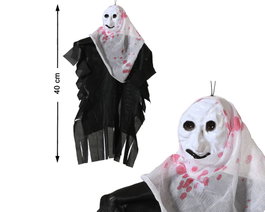 Décoration gothique avec tête de squelette et manteau noir 40 cm