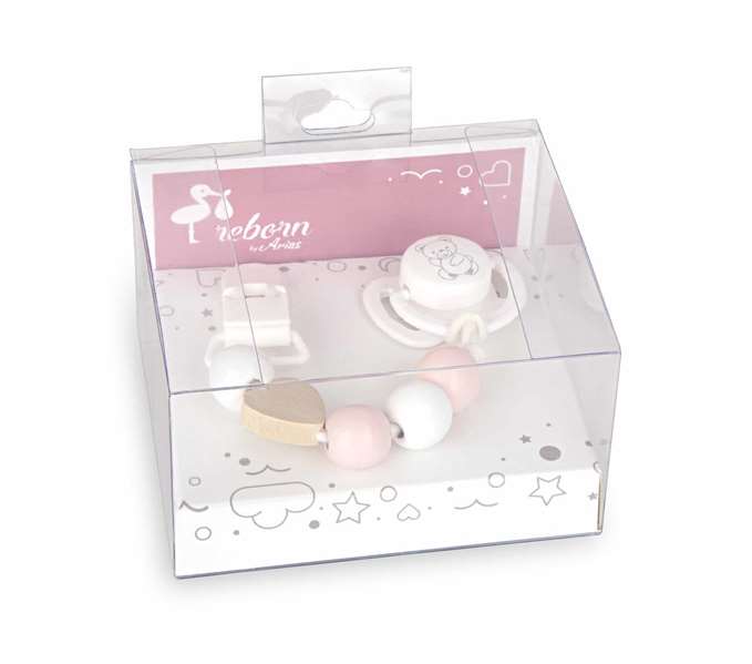 Set de sucette avec chaîne de pièces en bois et pince blanche - Muñecas Arias Set de sucette avec chaîne de pièces en bois et pince blanche - Muñecas Arias