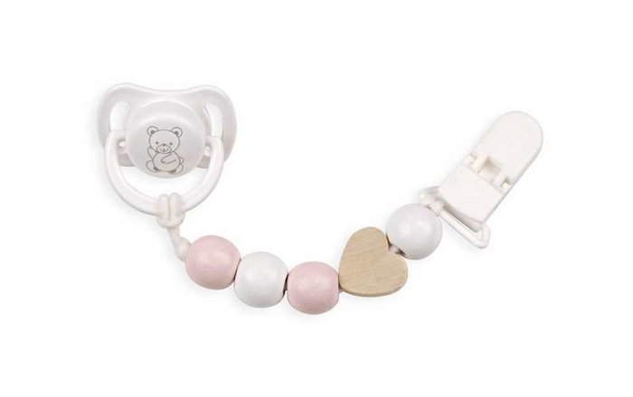 Set de sucette avec chaîne de pièces en bois et pince blanche - Muñecas Arias Set de sucette avec chaîne de pièces en bois et pince blanche - Muñecas Arias