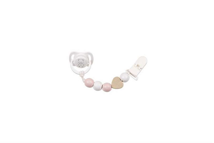Set de sucette avec chaîne de pièces en bois et pince blanche - Muñecas Arias Set de sucette avec chaîne de pièces en bois et pince blanche - Muñecas Arias