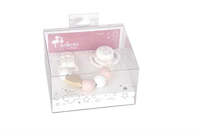 Set de sucette avec chaîne de pièces en bois et pince blanche - Muñecas Arias Set de sucette avec chaîne de pièces en bois et pince blanche - Muñecas Arias