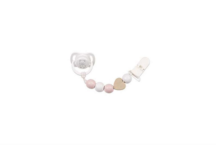 Set de sucette avec chaîne de pièces en bois et pince blanche - Muñecas Arias Set de sucette avec chaîne de pièces en bois et pince blanche - Muñecas Arias