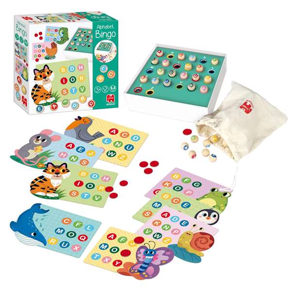 Diset Jeu Bingo l'Alphabet pour apprendre les lettres, animaux en bois, multilingue (français, anglais, espagnol, allemand, néerlandais, italien, portugais, catalan)