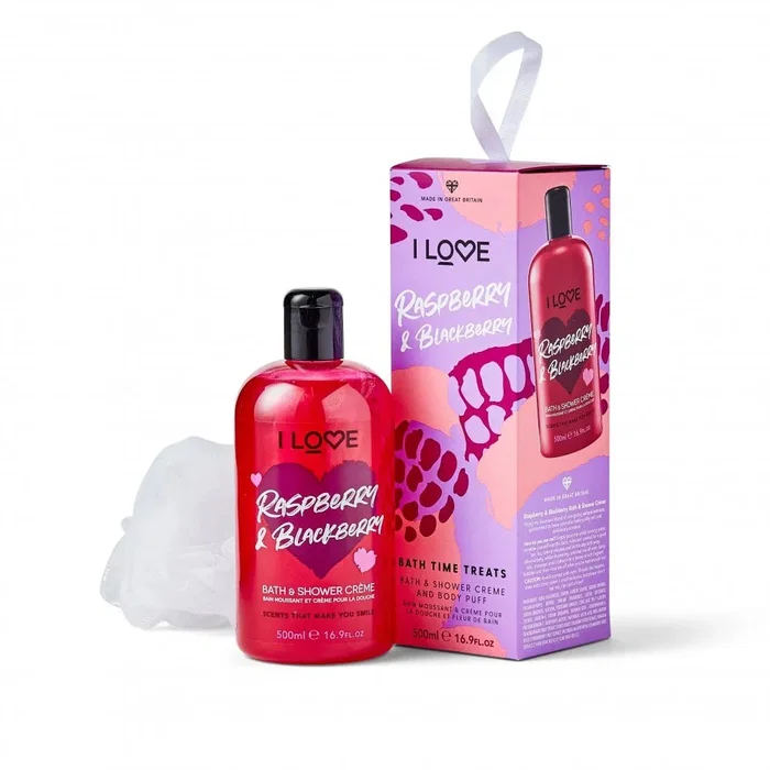 I Love Set Gel Douche Hydratant Framboise & Mûre et Éponge de bain