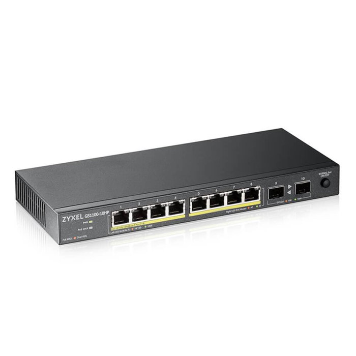 Zyxel GS1100-10HP v2 Switch non géré 8 ports Gigabit PoE + 2 SFP, 130W, noir Zyxel GS1100-10HP v2 Switch non géré 8 ports Gigabit PoE + 2 SFP, 130W, noir