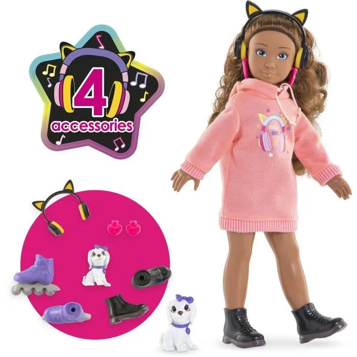 Corolle - Poupée Melody Music & Mode, mannequin de 28 cm avec 4 accessoires, longs cheveux châtains et parfum vanille - pour enfants dès 4 ans