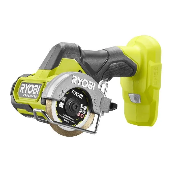 Ryobi Meuleuse d'angle sans fil 18V Brushless, diametre 76 mm, 20000 tr/min, coupe 16 mm, avec 3 disques