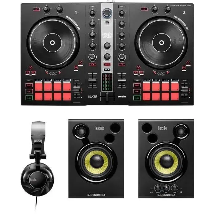 Hercules DJ Essentials Kit - Contrôleur DJControl Inpulse 300 MK2 avec Enceintes DJMonitor 42 et Casque HDP DJ60 pour DJ Débutant