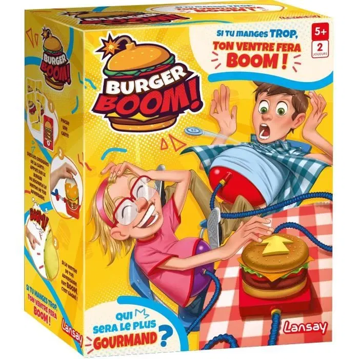 Lansay Burger Boom - Jeu de société familial pour enfants dès 5 ans - Jeu de cartes et action où l'on gonfle le ventre d'un burger jusqu'à l'explosion
