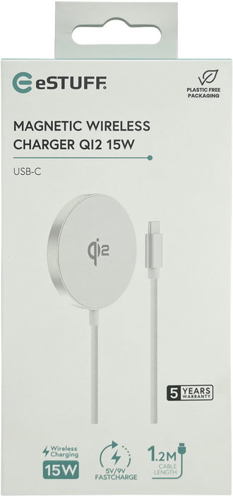eSTUFF Chargeur sans fil magnétique QI2 15W avec câble USB-C 1.2m, compatible MagSafe iPhone 12-16 et smartphones Android
