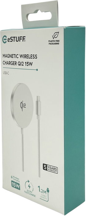 eSTUFF Chargeur sans fil magnétique QI2 15W avec câble USB-C 1.2m, compatible MagSafe iPhone 12-16 et smartphones Android
