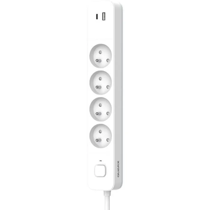 Quarx - Multiprise électrique 4 prises avec 1 port USB Type-C 18W, 2 ports USB-A QC 3.0, câble 1,5 m, blanc et gris, norme NF