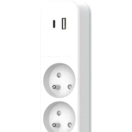 Quarx - Multiprise électrique 4 prises avec 1 port USB Type-C 18W, 2 ports USB-A QC 3.0, câble 1,5 m, blanc et gris, norme NF