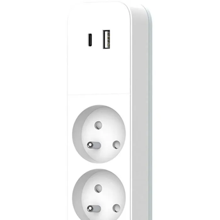 Quarx - Multiprise électrique 4 prises avec 1 port USB Type-C 18W, 2 ports USB-A QC 3.0, câble 1,5 m, blanc et gris, norme NF
