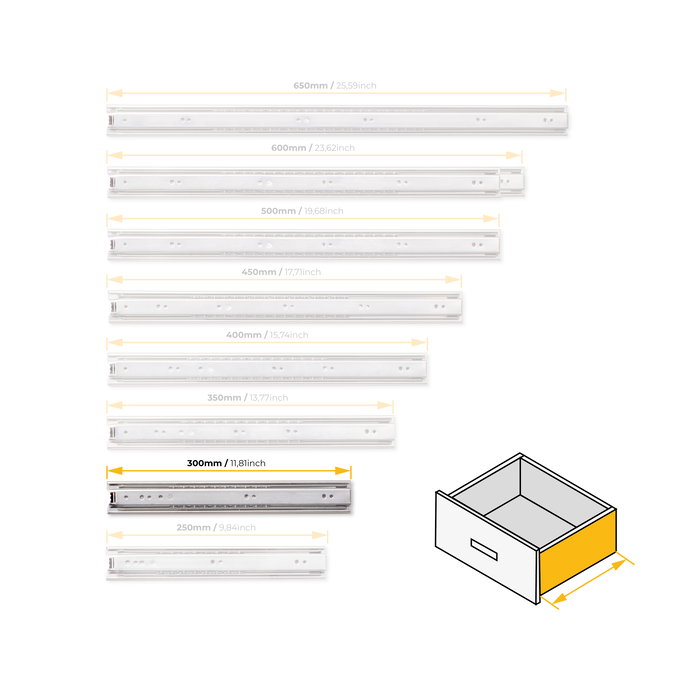 Emuca Jeu de coulisses à billes pour tiroir à sortie totale, hauteur 45mm, longueur 300mm, Acier, zingué