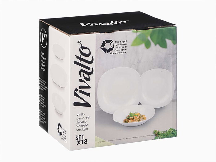Vivalto Set Vaisselle Carré Opal 18 Pièces 24x24x19 cm Blanc (Set de 2)