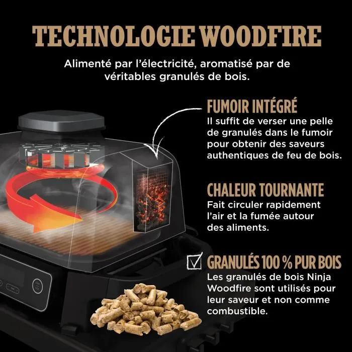Ninja OG701EU Woodfire - Barbecue électrique, fumoir et air fryer - 7 programmes de cuisson avec technologie pour arômes de bois
