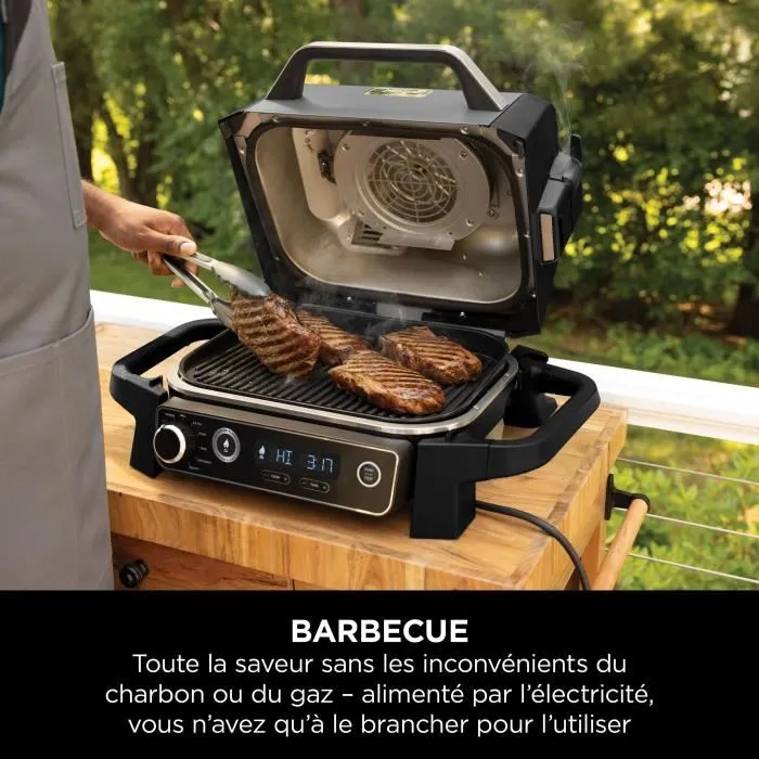 Ninja OG701EU Woodfire - Barbecue électrique, fumoir et air fryer - 7 programmes de cuisson avec technologie pour arômes de bois