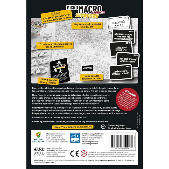 SD GAMES Micro Macro Showdown - Jeu de société d'enquête policière en espagnol, +10 ans, 1-4 joueurs, 15-45 min, avec carte et loup