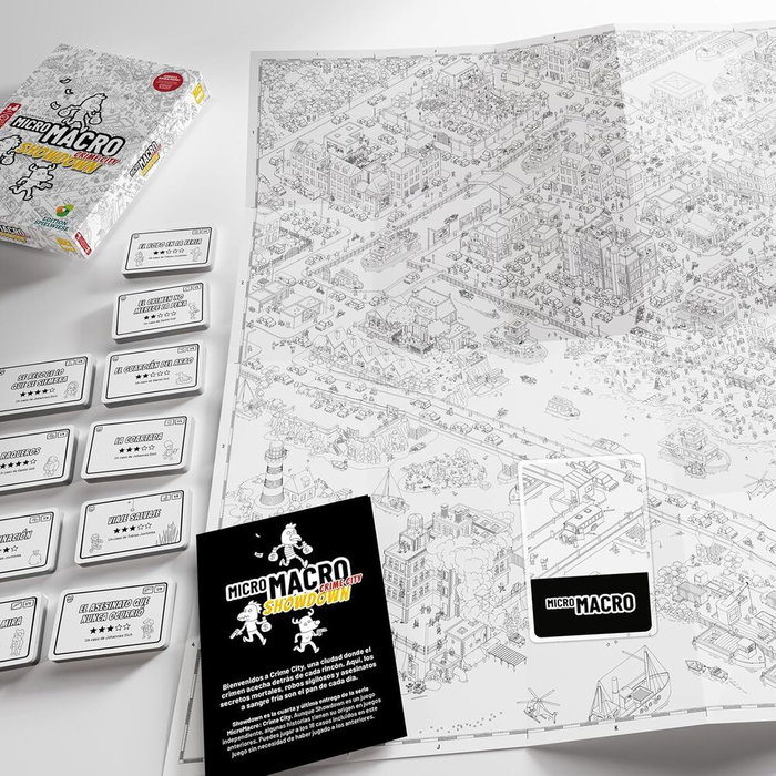 SD GAMES Micro Macro Showdown - Jeu de société d'enquête policière en espagnol, +10 ans, 1-4 joueurs, 15-45 min, avec carte et loup