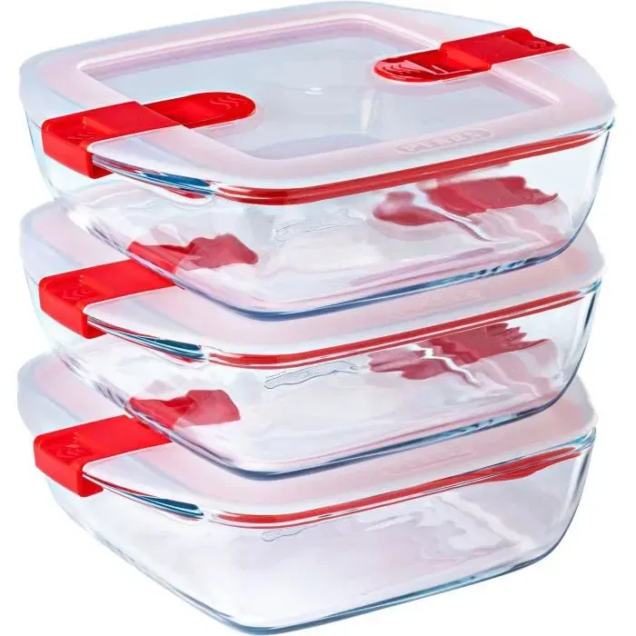 Pyrex Cook & Heat - Lot de 3 boîtes repas lunch box en verre carré 1 L avec couvercle à valves vapeur pour micro-ondes, four et congélateur, sans BPA Pyrex Cook & Heat - Lot de 3 boîtes repas lunch box en verre carré 1 L avec couvercle à valves vapeur pour micro-ondes, four et congélateur, sans BPA