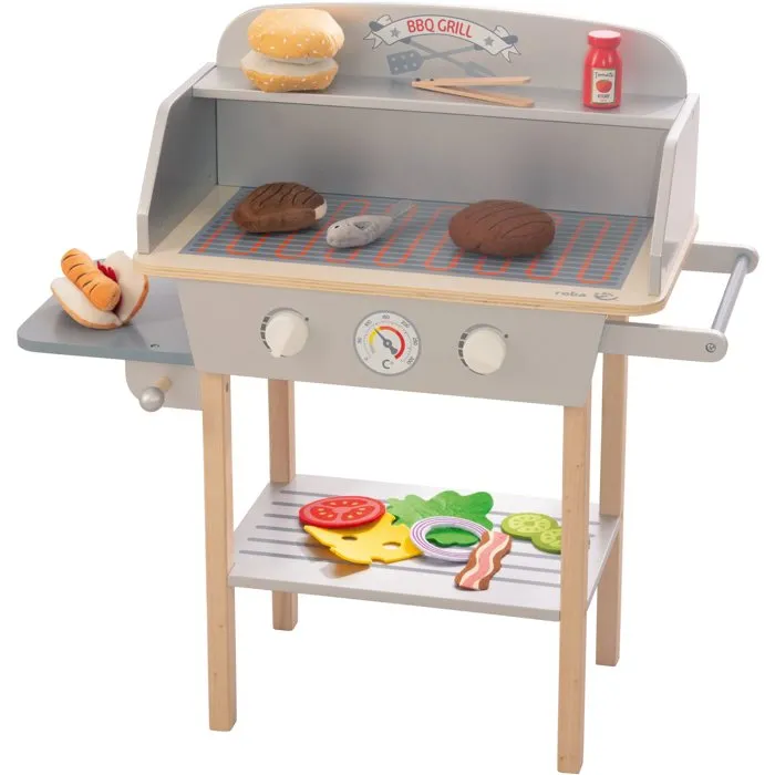 ROBA - Cuisine barbecue pour enfant en bois massif avec 14 accessoires (Gris / Naturel) - Jouet d'imitation culinaire éducatif
