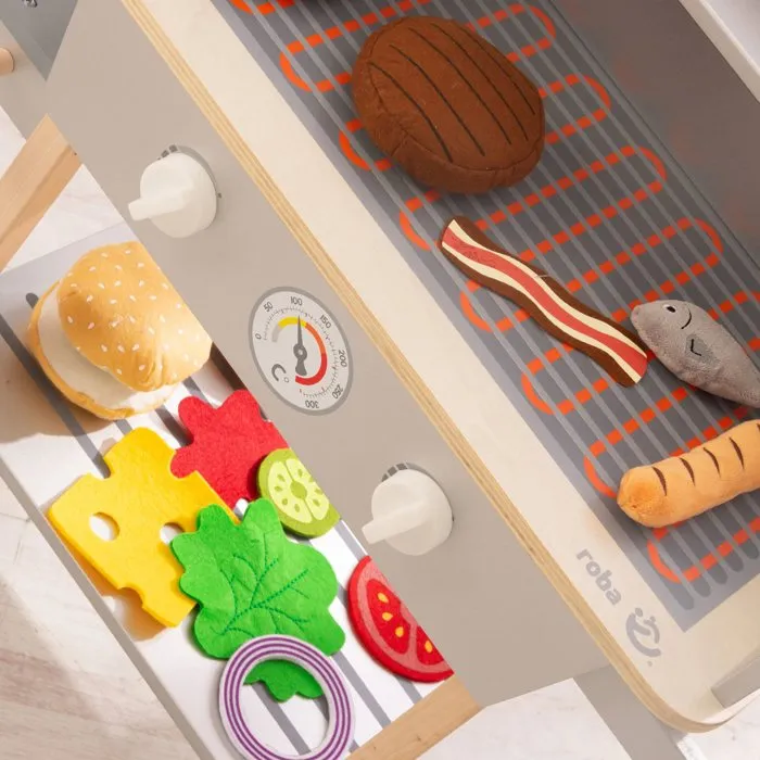 ROBA - Cuisine barbecue pour enfant en bois massif avec 14 accessoires (Gris / Naturel) - Jouet d'imitation culinaire éducatif