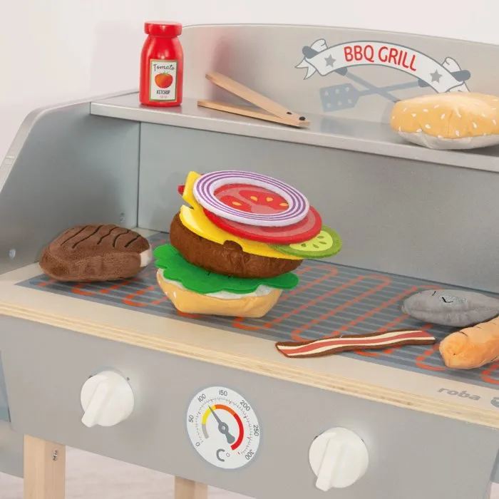 ROBA - Cuisine barbecue pour enfant en bois massif avec 14 accessoires (Gris / Naturel) - Jouet d'imitation culinaire éducatif
