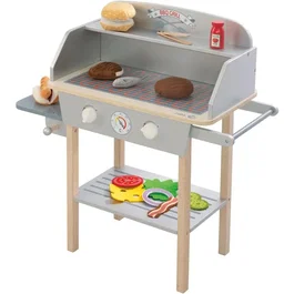 ROBA - Cuisine barbecue pour enfant en bois massif avec 14 accessoires (Gris / Naturel) - Jouet d'imitation culinaire éducatif