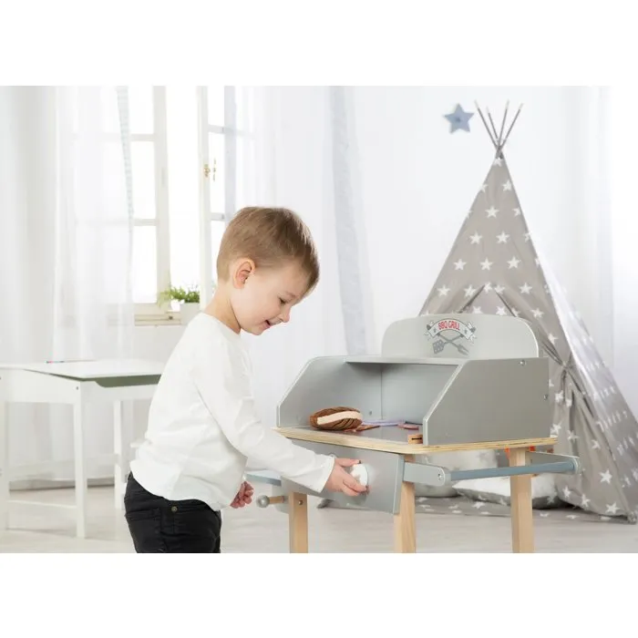ROBA - Cuisine barbecue pour enfant en bois massif avec 14 accessoires (Gris / Naturel) - Jouet d'imitation culinaire éducatif