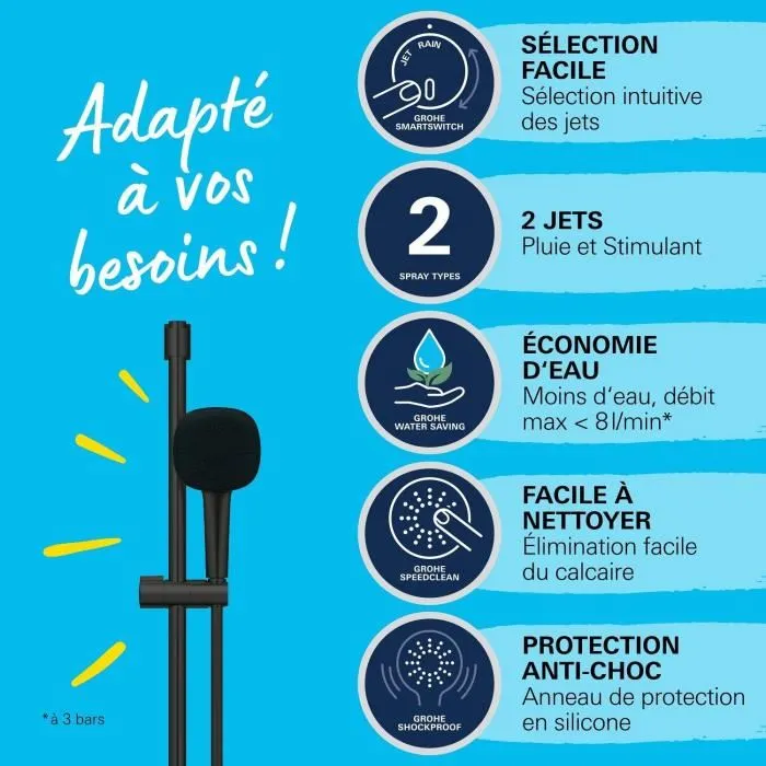 Grohe Set de douche Vitalio Comfort 269302431 avec rociador 2 chorros, barre 90 cm, flexo, finition Negro mate, Ahorro de agua Grohe Set de douche Vitalio Comfort 269302431 avec rociador 2 chorros, barre 90 cm, flexo, finition Negro mate, Ahorro de agua