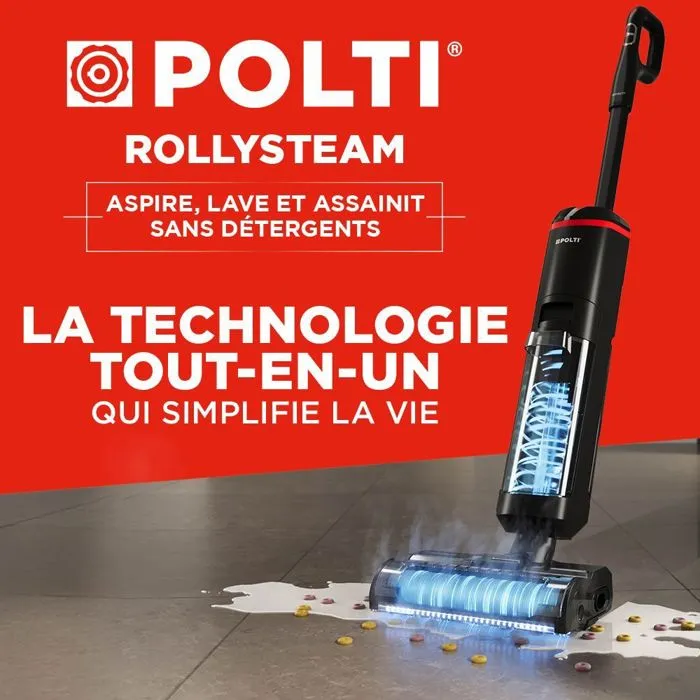 Polti RollySteam WD40C - Aspirateur balai laveur vapeur sans fil, avec brosse rotative, pour surfaces dures et tapis, autonomie 35 min