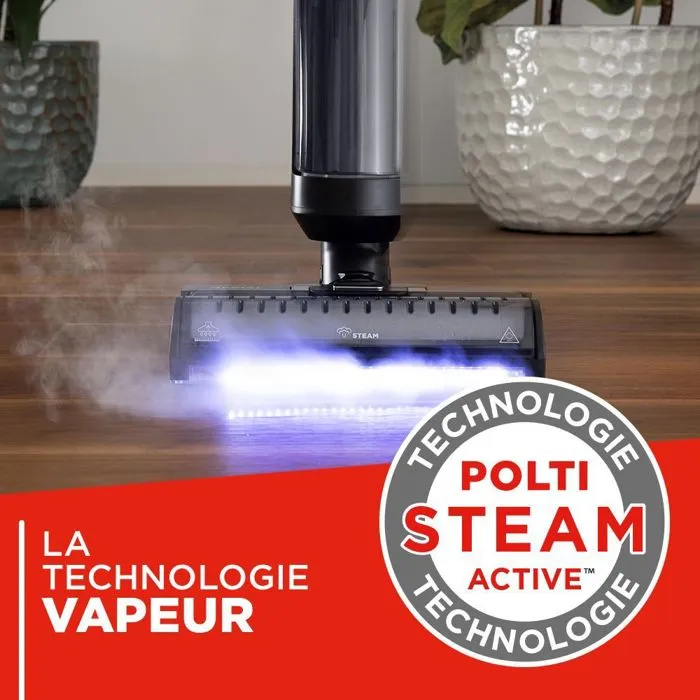Polti RollySteam WD40C - Aspirateur balai laveur vapeur sans fil, avec brosse rotative, pour surfaces dures et tapis, autonomie 35 min