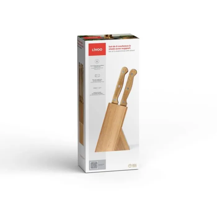 Livoo Set de 6 Couteaux à Steak avec Support en Bois d'Acacia MEC133 - Lames en Acier Inoxydable Dentelées 11 cm Livoo Set de 6 Couteaux à Steak avec Support en Bois d'Acacia MEC133 - Lames en Acier Inoxydable Dentelées 11 cm
