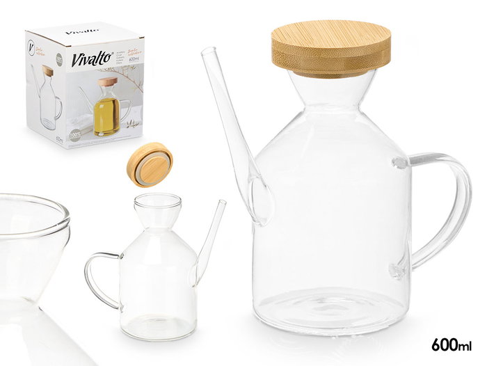 Vivalto Huilier verseur avec bouchon en bambou 600 ml verre transparent 18x15.5x8.7 cm (Set de 12) Vivalto Huilier verseur avec bouchon en bambou 600 ml verre transparent 18x15.5x8.7 cm (Set de 12)