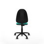 Chaise de bureau Aýna avec mécanisme de contact permanent de base, rembourrée en simili cuir turquoise. Équipée d'une base en polyamide noir, sans accoudoirs et de roulettes en nylon de 50 mm.