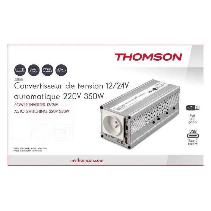 Thomson - Convertisseur de tension automatique 12V/24V vers 220V 350W, avec ports USB-A 18W charge rapide et USB-C PD 30W pour allume-cigare