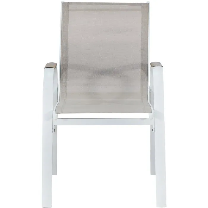VIANEA - Lot de 4 fauteuils de jardin pour repas - Structure en aluminium blanc, assise en textilene naturel - Accoudoirs imitation bois - Dimensions 52 x 64 x65 cm