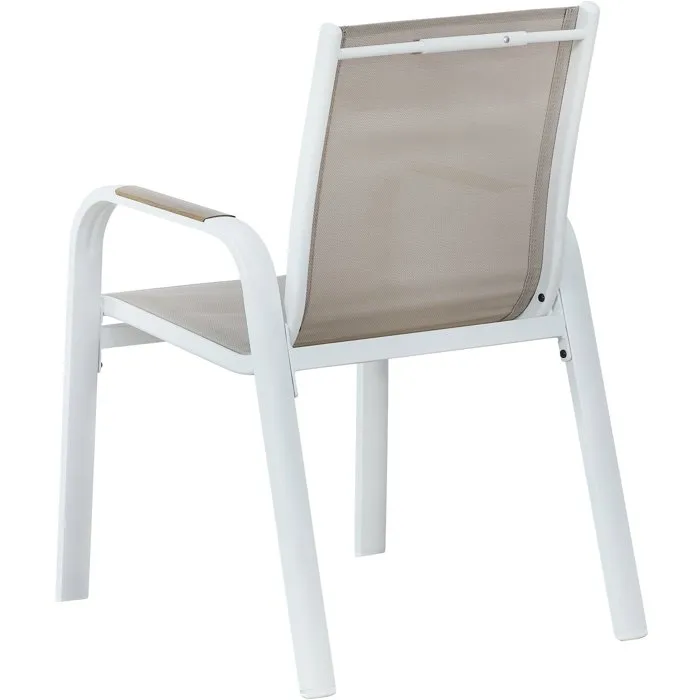 VIANEA - Lot de 4 fauteuils de jardin pour repas - Structure en aluminium blanc, assise en textilene naturel - Accoudoirs imitation bois - Dimensions 52 x 64 x65 cm