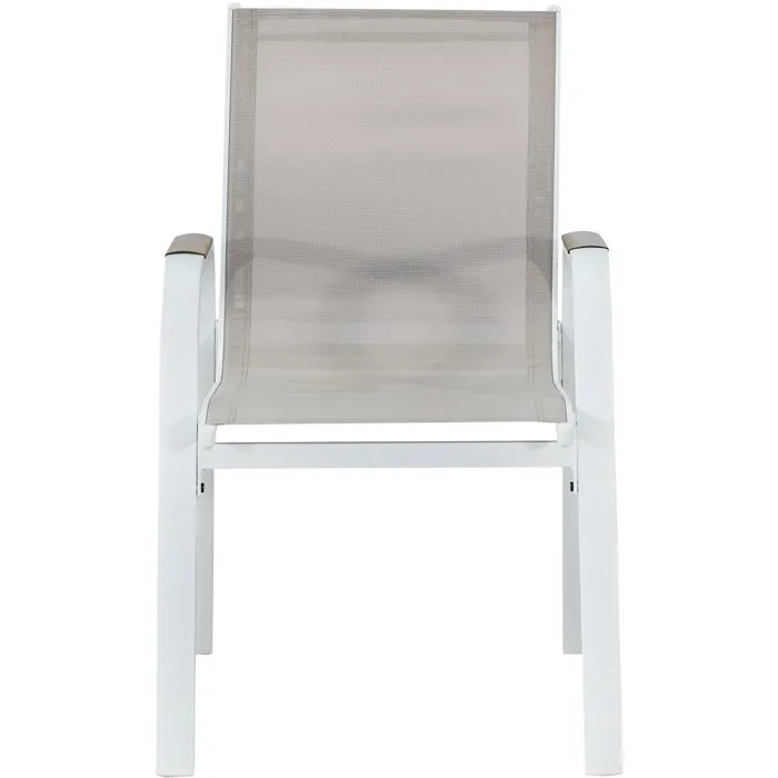 VIANEA - Lot de 4 fauteuils de jardin pour repas - Structure en aluminium blanc, assise en textilene naturel - Accoudoirs imitation bois - Dimensions 52 x 64 x65 cm
