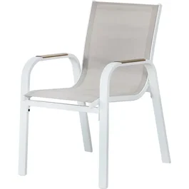 VIANEA - Lot de 4 fauteuils de jardin pour repas - Structure en aluminium blanc, assise en textilene naturel - Accoudoirs imitation bois - Dimensions 52 x 64 x65 cm