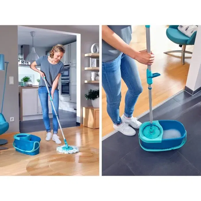 Leifheit Set de lavage de sol avec seau essoreur Clean Twist Disc Mop 52101, balai-serpillère à franges, manche télescopique, seau 6 L, système d'essorage manuel