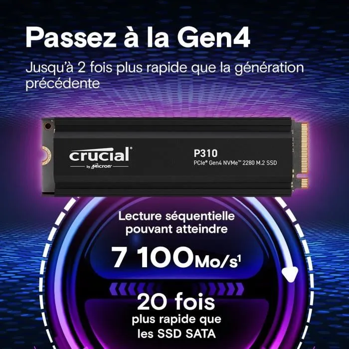 Crucial SSD Interne P310 4 TB PCIe Gen4 NVMe M.2 avec Dissipateur Lecteur jusqu'à 7100 Mo/s CT4000P310SSD5