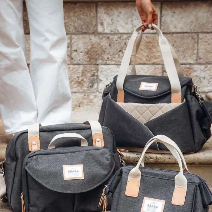 Beaba - Sac à langer Sydney - Gris chiné foncé - Compartiments multiples et isotherme - Attache poussette - Trousse à sucettes incluse